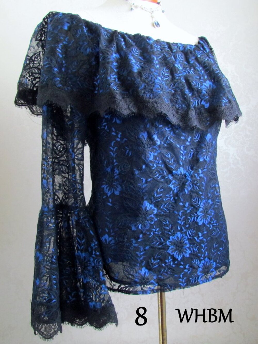 LACE BLOUSE, 8, BLUE BLACK WHBM RUFFLE NECK, BELL SLEEVES WHITE HOUSE BLACK MKT